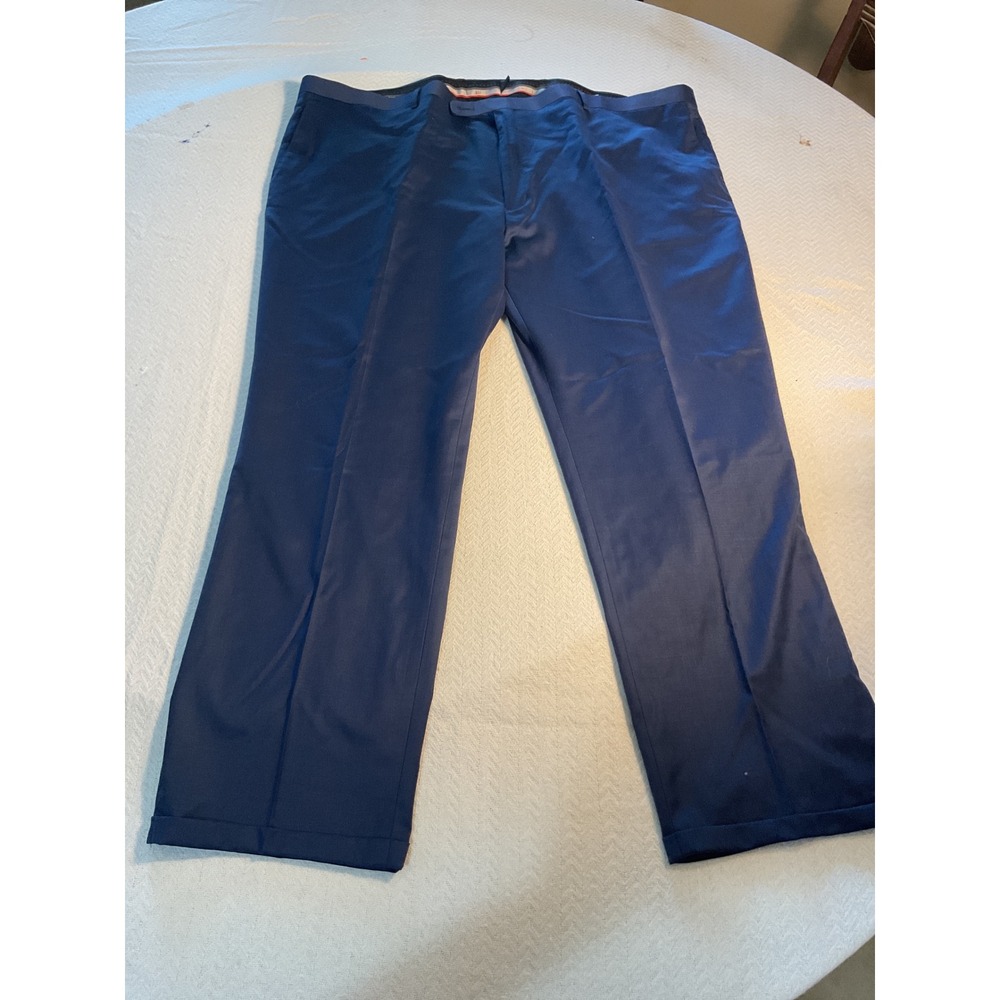 Linea Uomo Mens Navy Blue Wool Blend Stretch Flat Front Cuffed Dress Pants 52W
